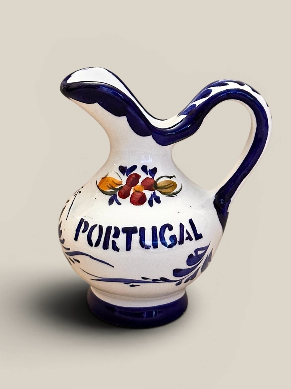 Vintage Hand Painted Portugal Mini Pitcher Vase Floral Pottery Blue White Aveiro